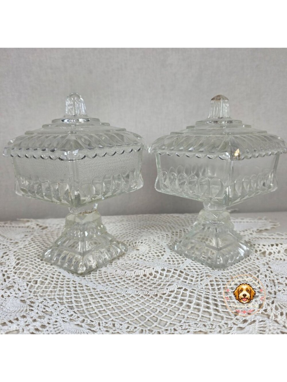 Vintage Clear Glass Pedestal Candy Dish Set of 2 Lidded Compote Pressed Glass Tr